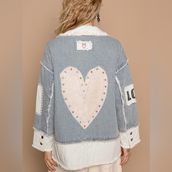 POL HEART Denim jacket Love patchwork blue white cream sherpa heart - Picture 4 of 4
